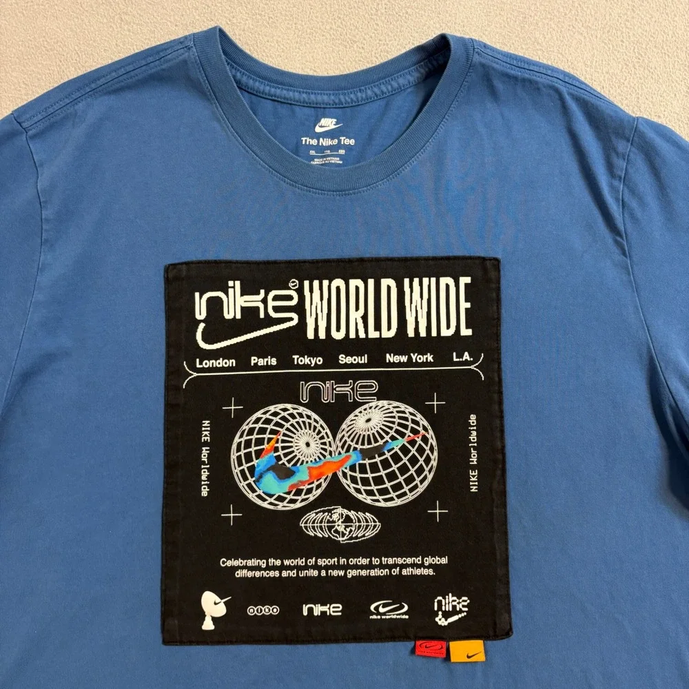 Nike Worldwide Graphic T-Shirt Mens XXL Blue Short Sleeve Cotton Tee